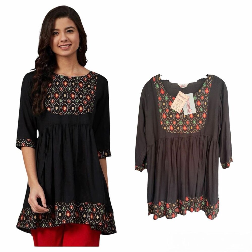 Meeranshi Black & Golden Yoke Design A-Line Kurti Cotton Tunic Sz XL NWT